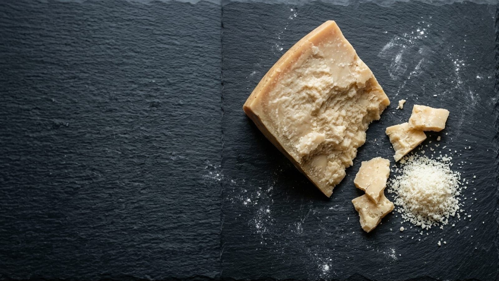 A cracked wedge of Parmigiano Reggiano with shards and a pile of freshly grated cheese on dark slate