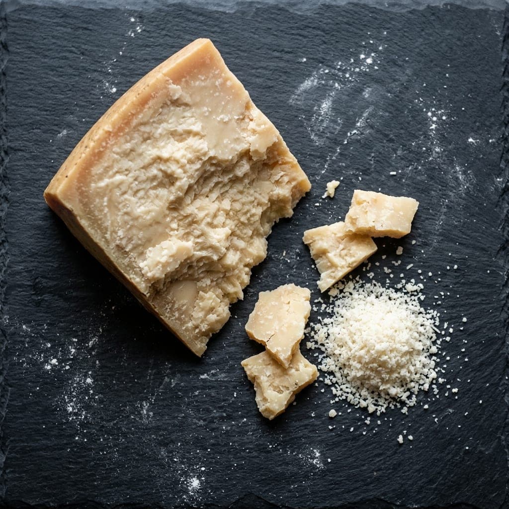 A cracked wedge of Parmigiano Reggiano with shards and a pile of freshly grated cheese on dark slate