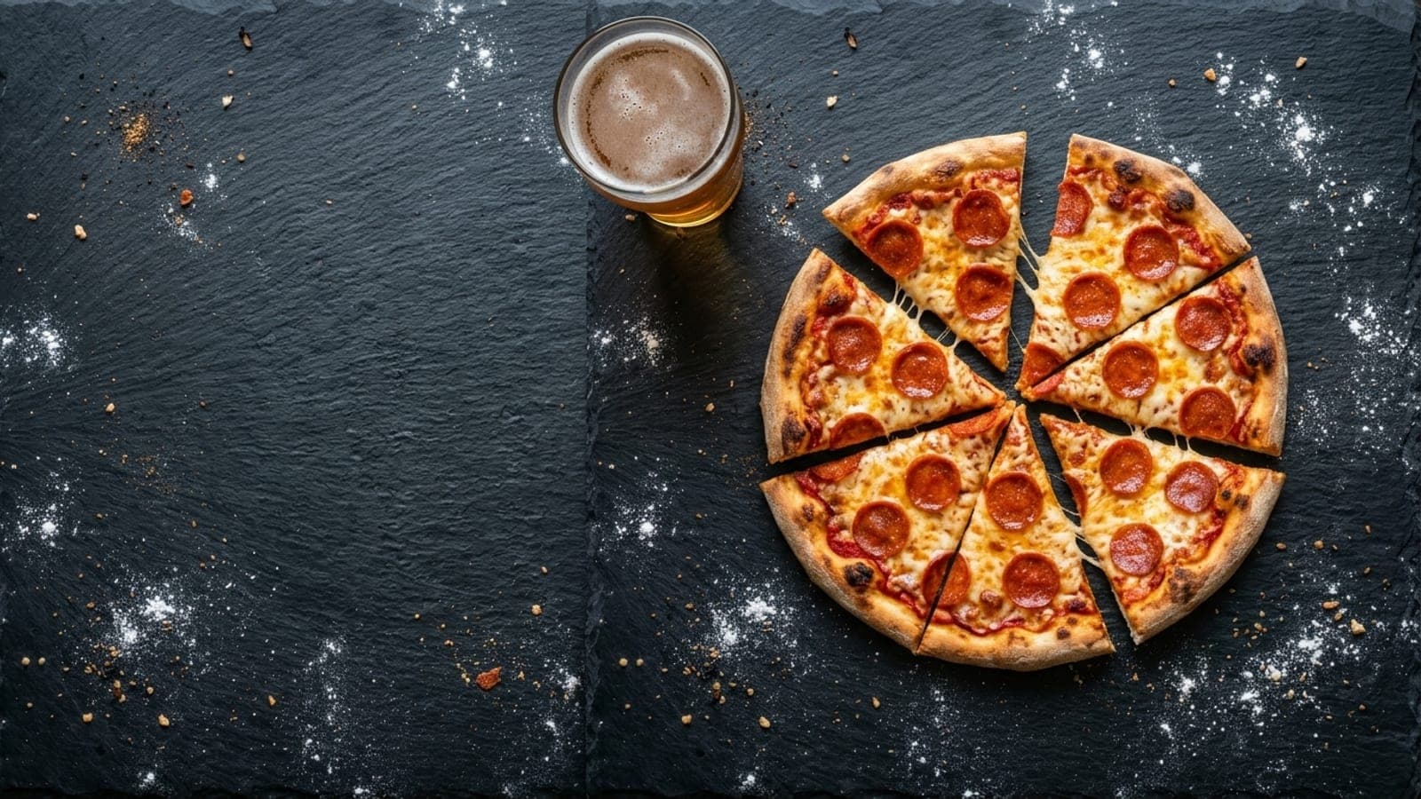 An overhead party spread of pizzas on a floured dark slate counter.