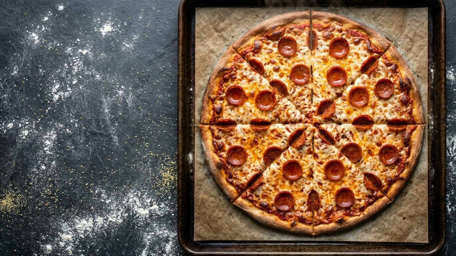 Pepperoni pizza, overhead — pizza sauce, low-moisture mozzarella, pepperoni