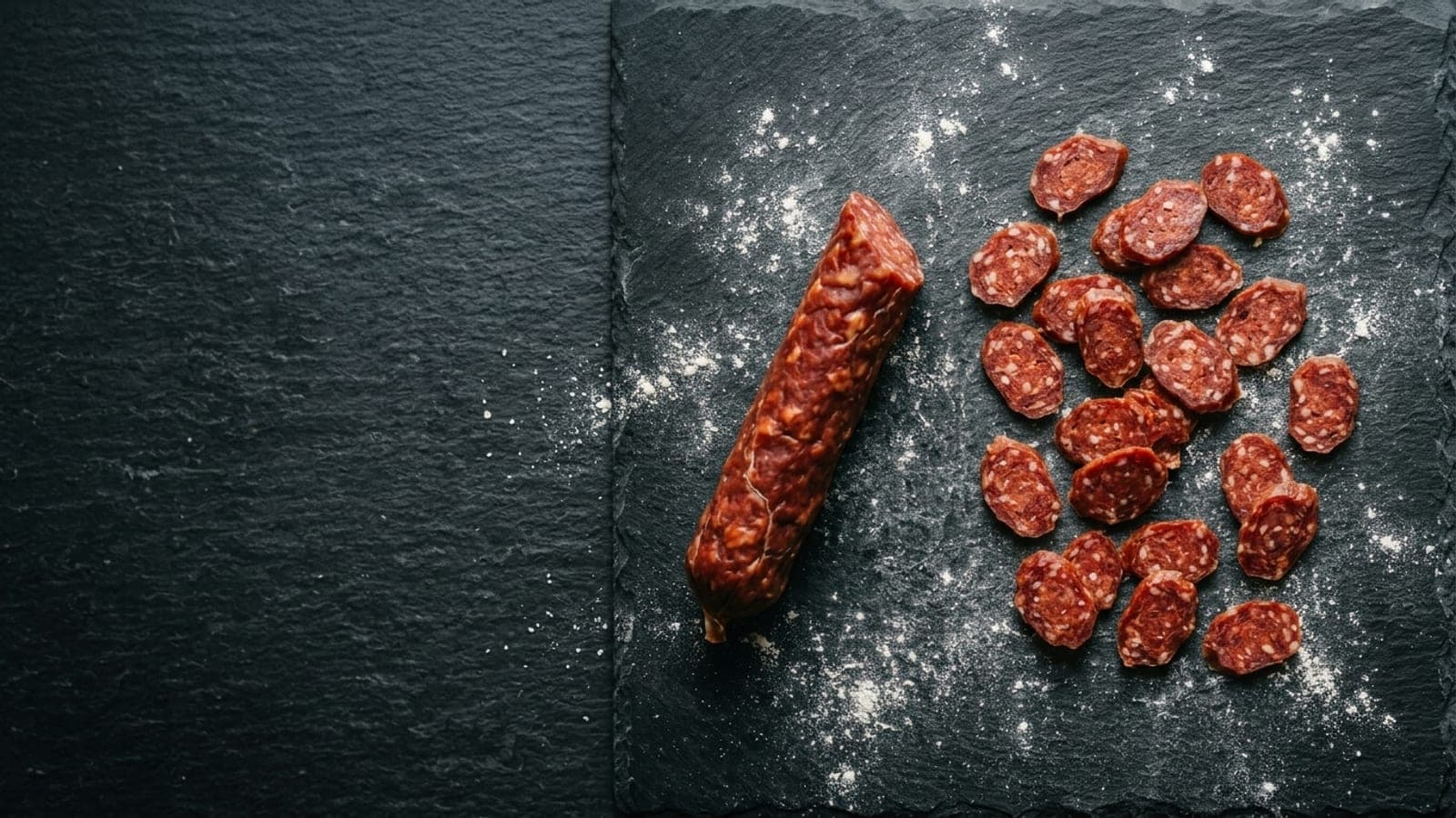 A partly sliced natural-casing pepperoni stick with thin slices scattered on dark slate