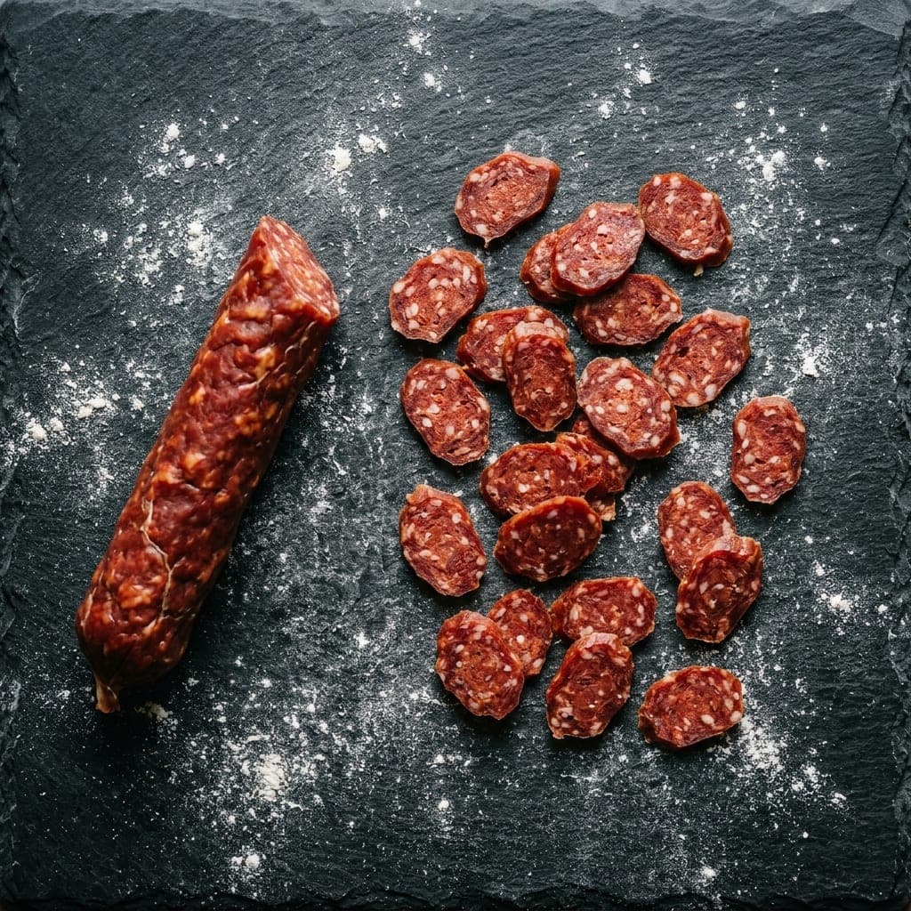 A partly sliced natural-casing pepperoni stick with thin slices scattered on dark slate