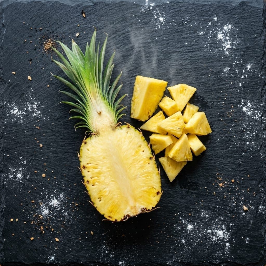 A halved fresh pineapple beside a small pile of golden, well-drained pineapple tidbits on dark slate