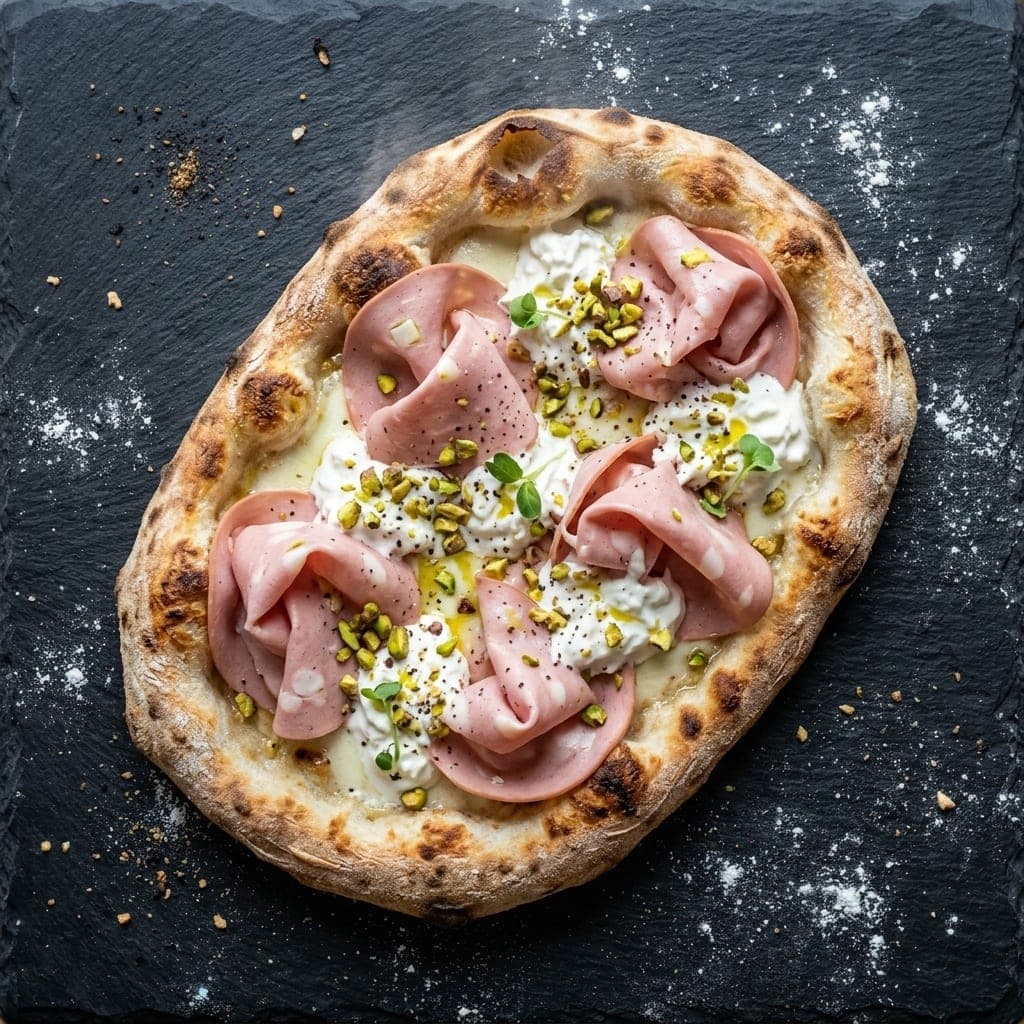 Pinsa mortadella e stracciatella pizza, overhead — fresh mozzarella