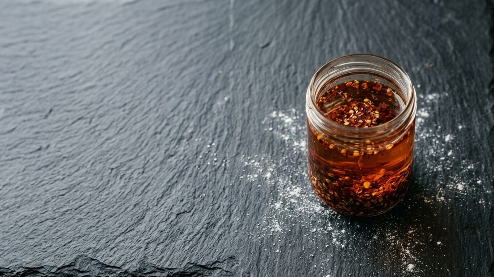 A small glass jar of chili oil, red-gold with chili flakes settled through it, on dark slate