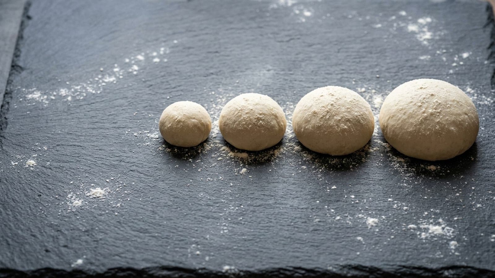 Raw pizza dough balls in graduated sizes on a floured dark slate counter.