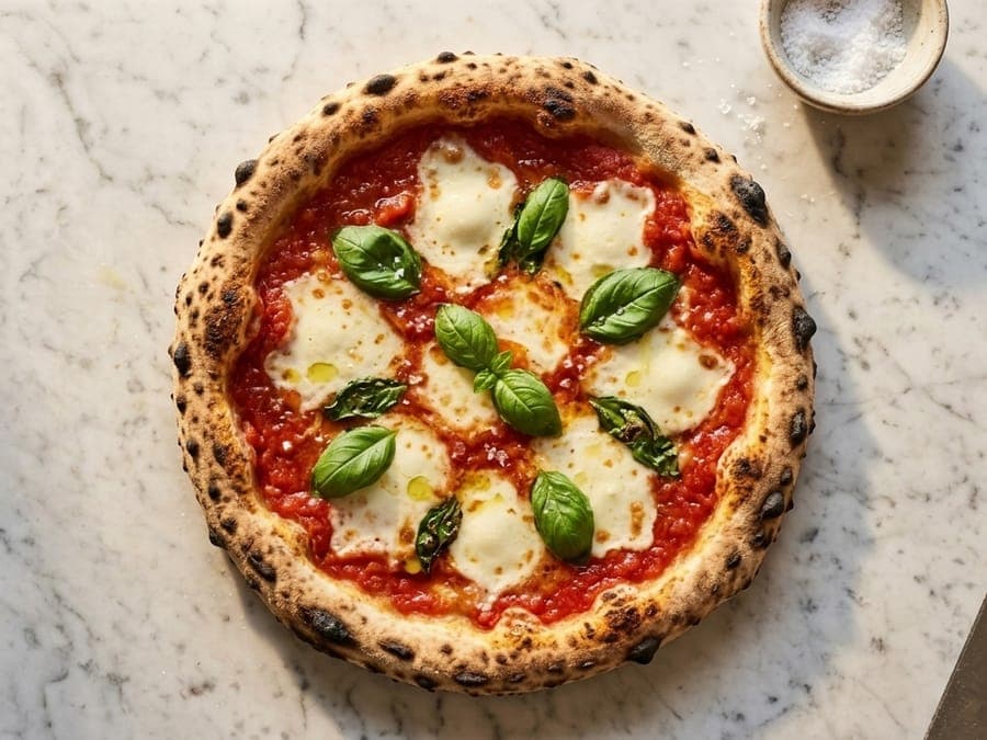 An overhead margherita pizza with basil on a marble surface