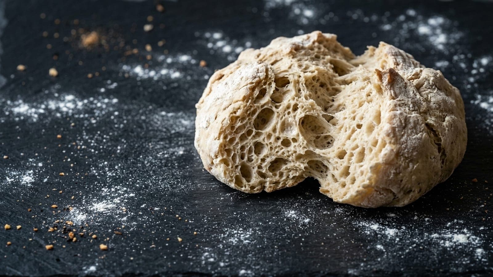 A craggy biga preferment torn open to show its bubbly crumb, dusted with flour on a dark slate counter.