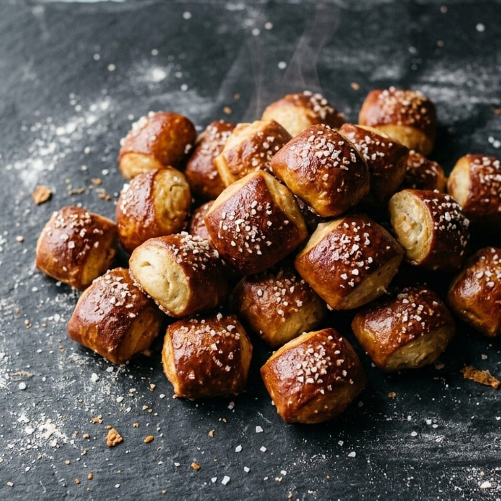 Pretzel bites, overhead — golden and glossy with garlic butter