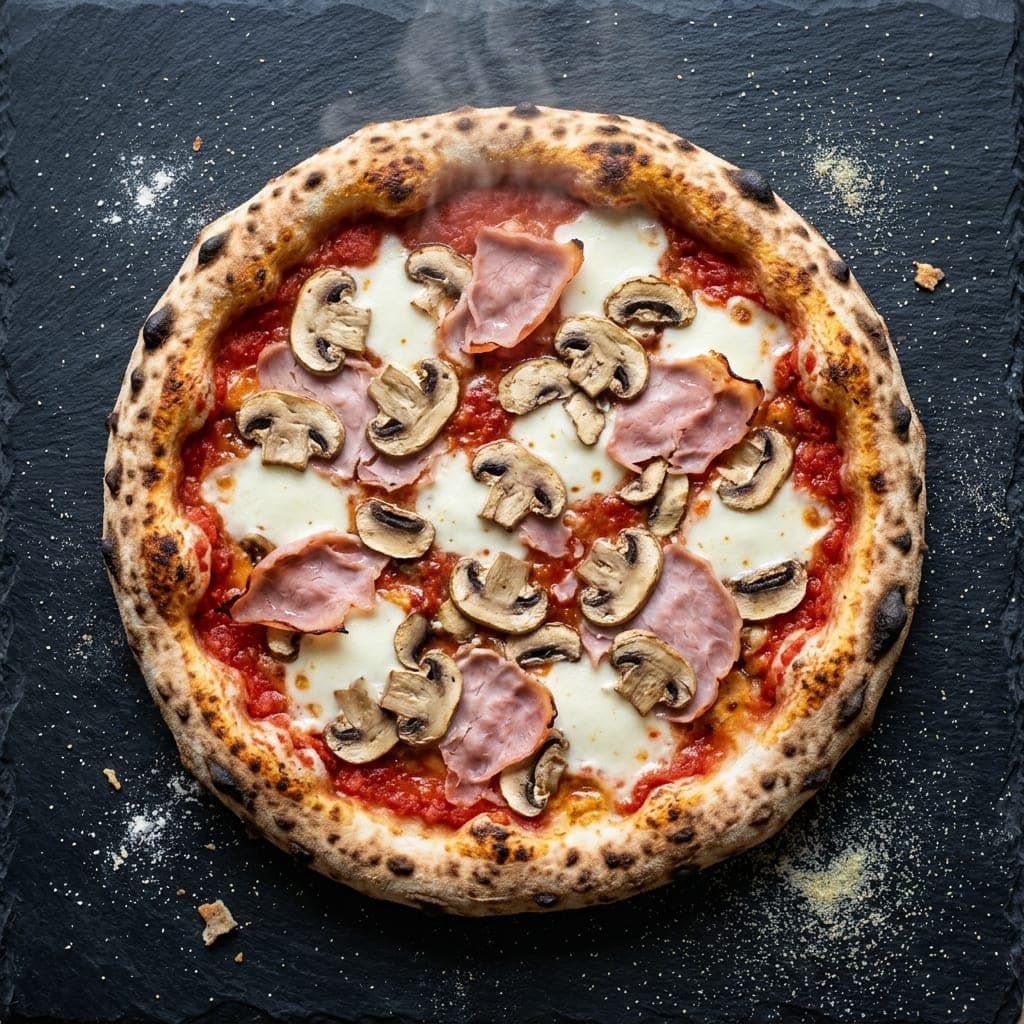 Prosciutto e funghi pizza, overhead — crushed tomatoes, fresh mozzarella, mushrooms, cooked ham