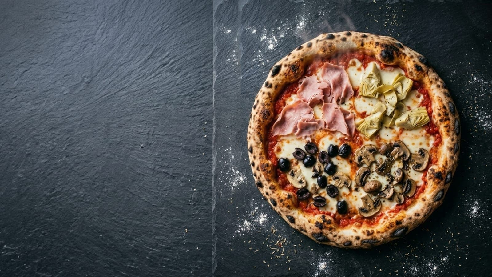 Quattro stagioni pizza, overhead — crushed tomatoes, fresh mozzarella, cooked ham, mushrooms, artichoke hearts, black olives