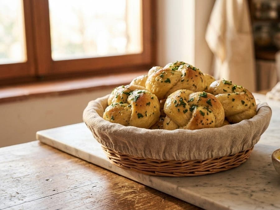 A basket of golden garlic knots brushed with herb butter