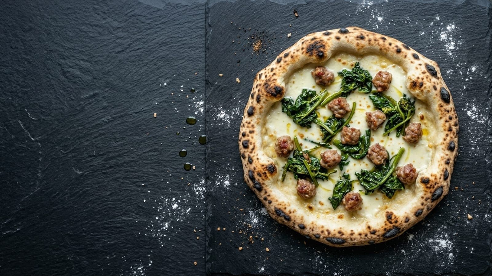 Salsiccia e friarielli pizza, overhead — mozzarella cream, broccoli rabe, italian sausage