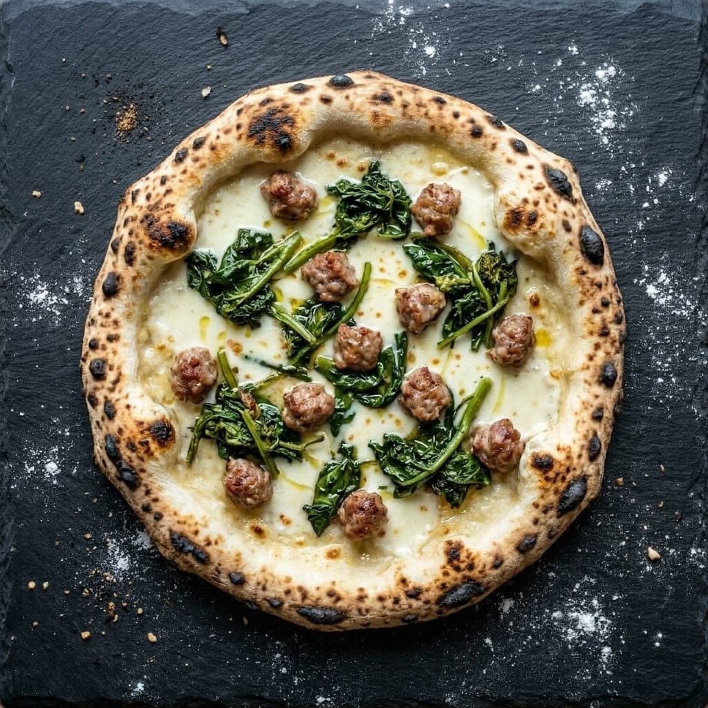 Salsiccia e friarielli pizza, overhead — mozzarella cream, broccoli rabe, italian sausage