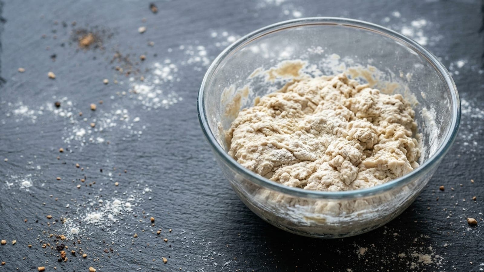 A rough, freshly-mixed shaggy pizza dough in a glass bowl on a floured dark slate counter.