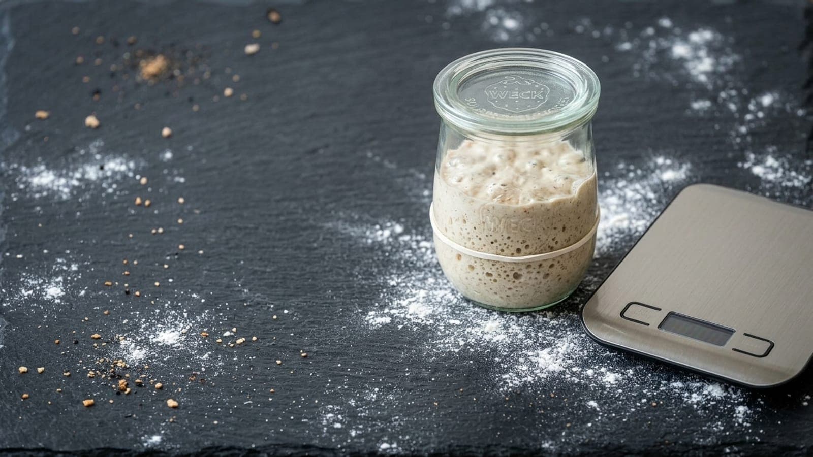 A jar of bubbly sourdough starter beside a kitchen scale on a floured dark slate counter.