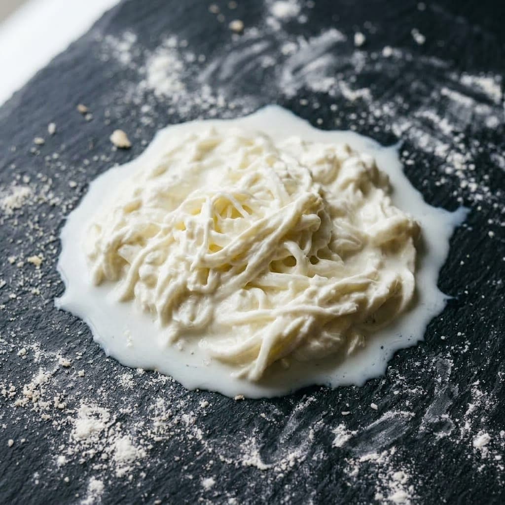 A soft loose mound of creamy white stracciatella — fine shreds of mozzarella curd in cream — pulled apart on dark slate