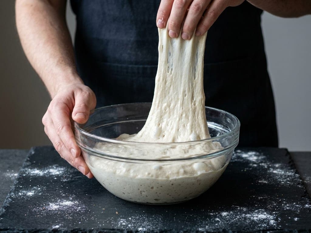 Two hands lifting the edge of wet, bubbly pizza dough out of a container, stretching it upward mid-fold