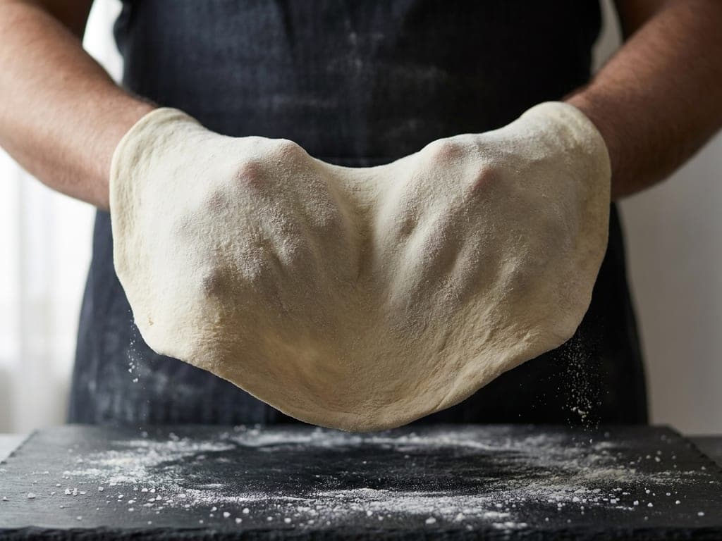 A thin round of pizza dough draped over both hands held knuckles-up beneath it, edges hanging down all around