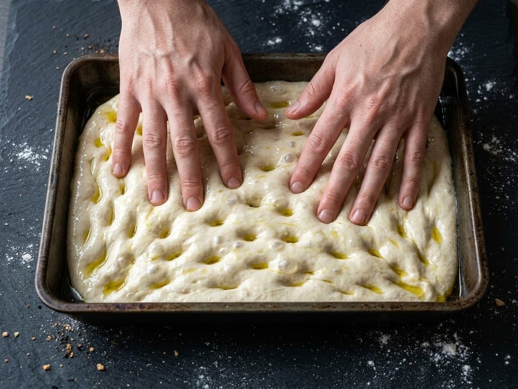 Fingertips dimpling oiled focaccia dough in a dark rectangular baking pan