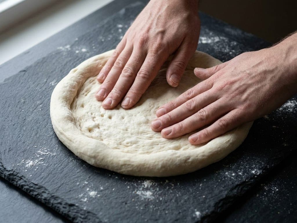 Fingertips pressing a pizza dough ball flat from the center, leaving a puffy rim