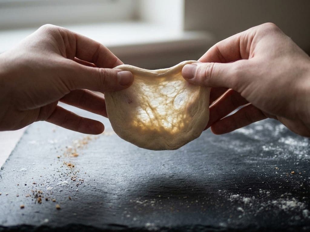 Two hands stretching a small piece of dough into a thin translucent membrane against the light