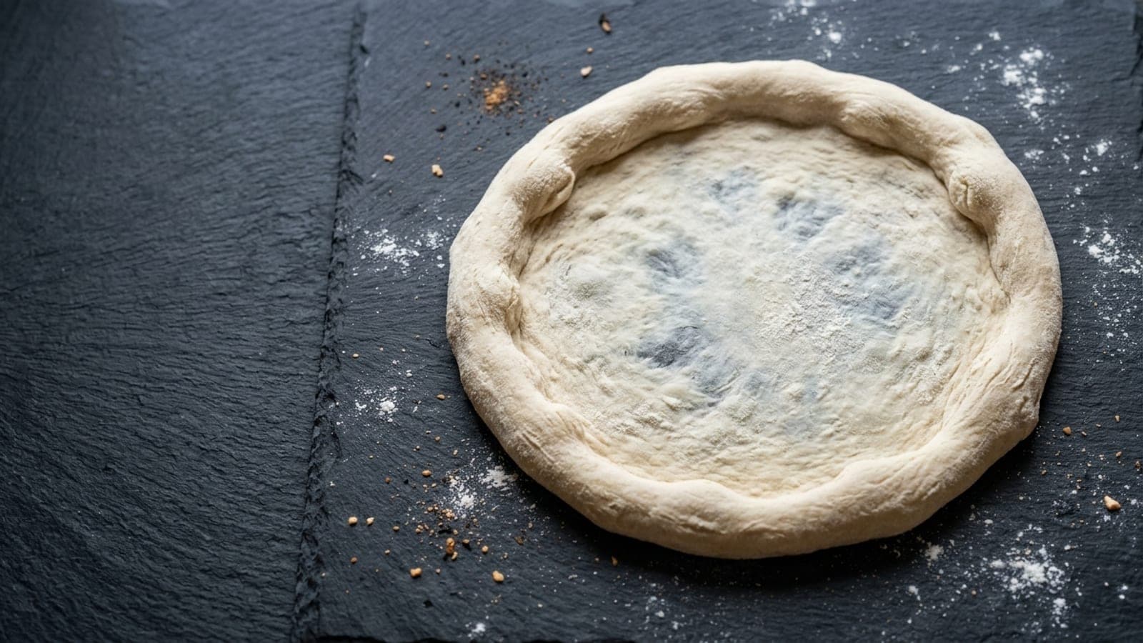 A raw pizza dough base stretched flat on a floured dark slate counter, a thin centre with a raised rim.
