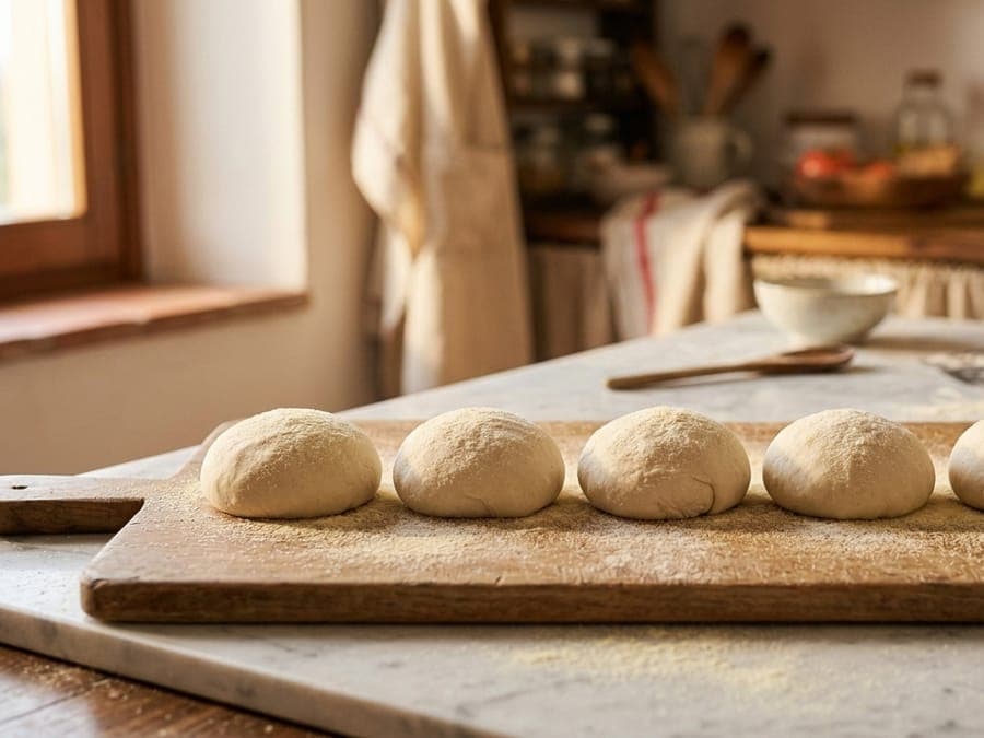 A row of flour-dusted pizza dough balls on a wooden board