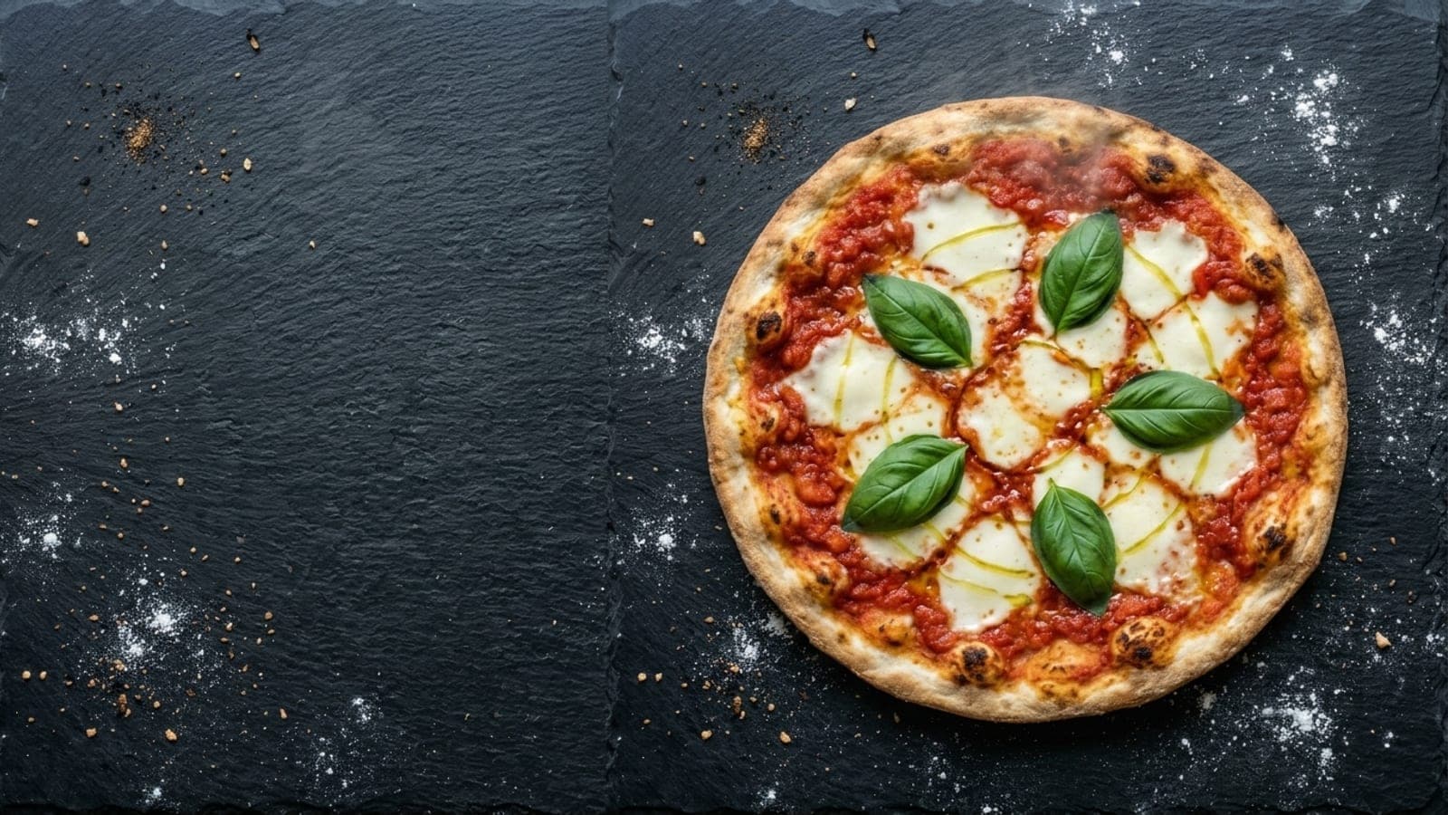 Tonda romana pizza, overhead — crushed tomatoes, fresh mozzarella, extra-virgin olive oil