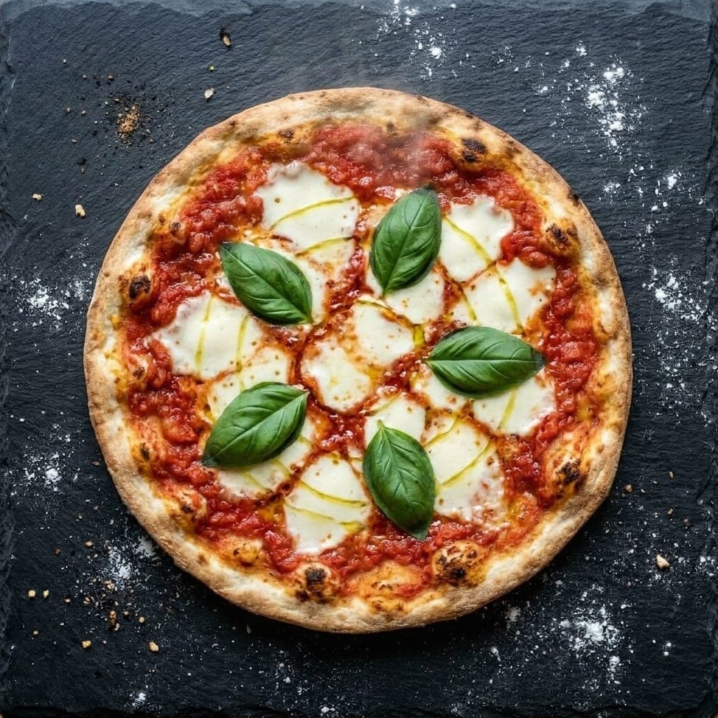 Tonda romana pizza, overhead — crushed tomatoes, fresh mozzarella, extra-virgin olive oil