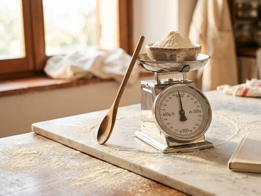 A kitchen scale with flour, a wooden spoon and a notebook