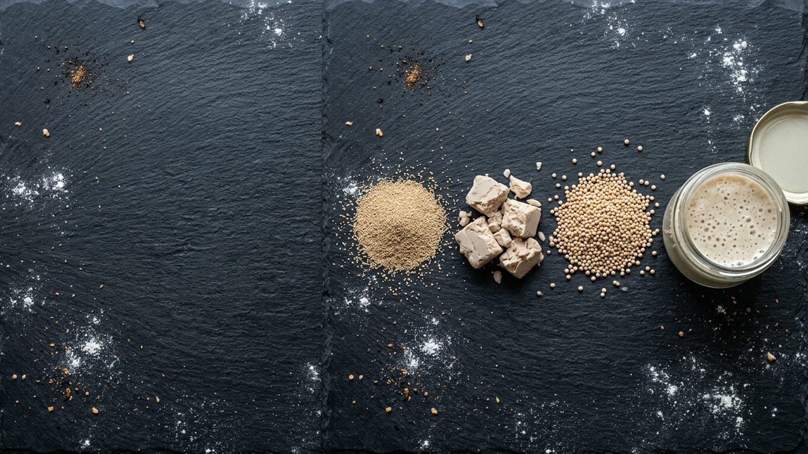 The four forms of baker's yeast on a floured dark slate counter.