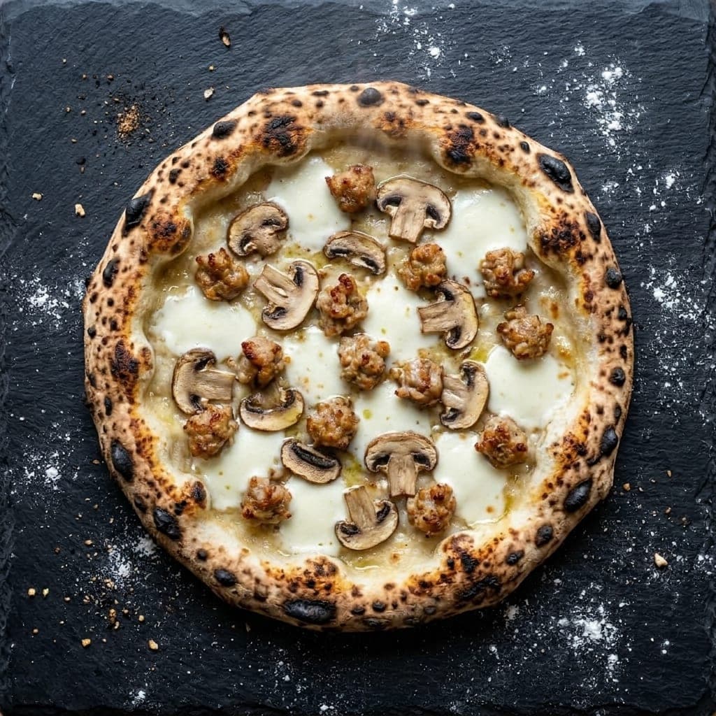 Boscaiola pizza, overhead — garlic oil, fresh mozzarella, mushrooms, italian sausage