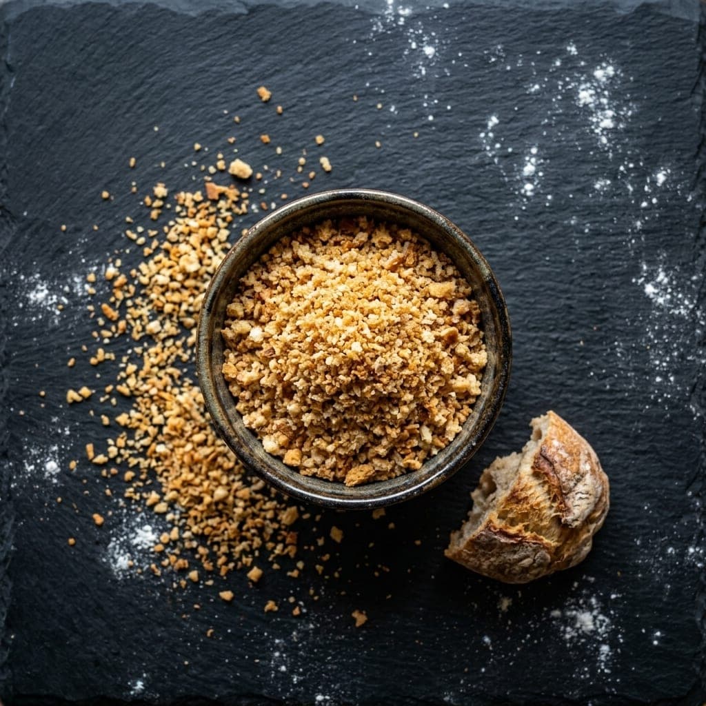 A small bowl of golden toasted breadcrumbs with a scatter of them and a heel of stale bread on dark slate
