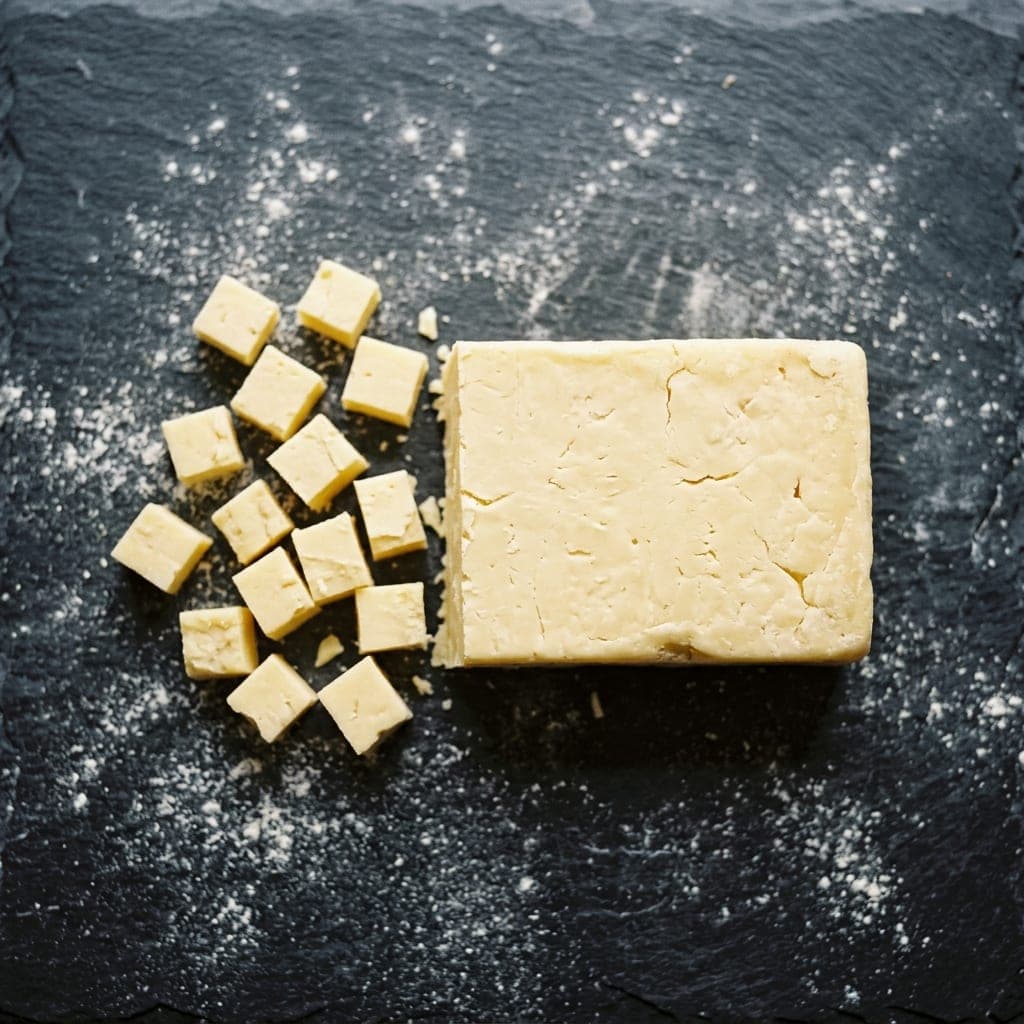 A block of pale brick cheese partly cut into small cubes on dark slate