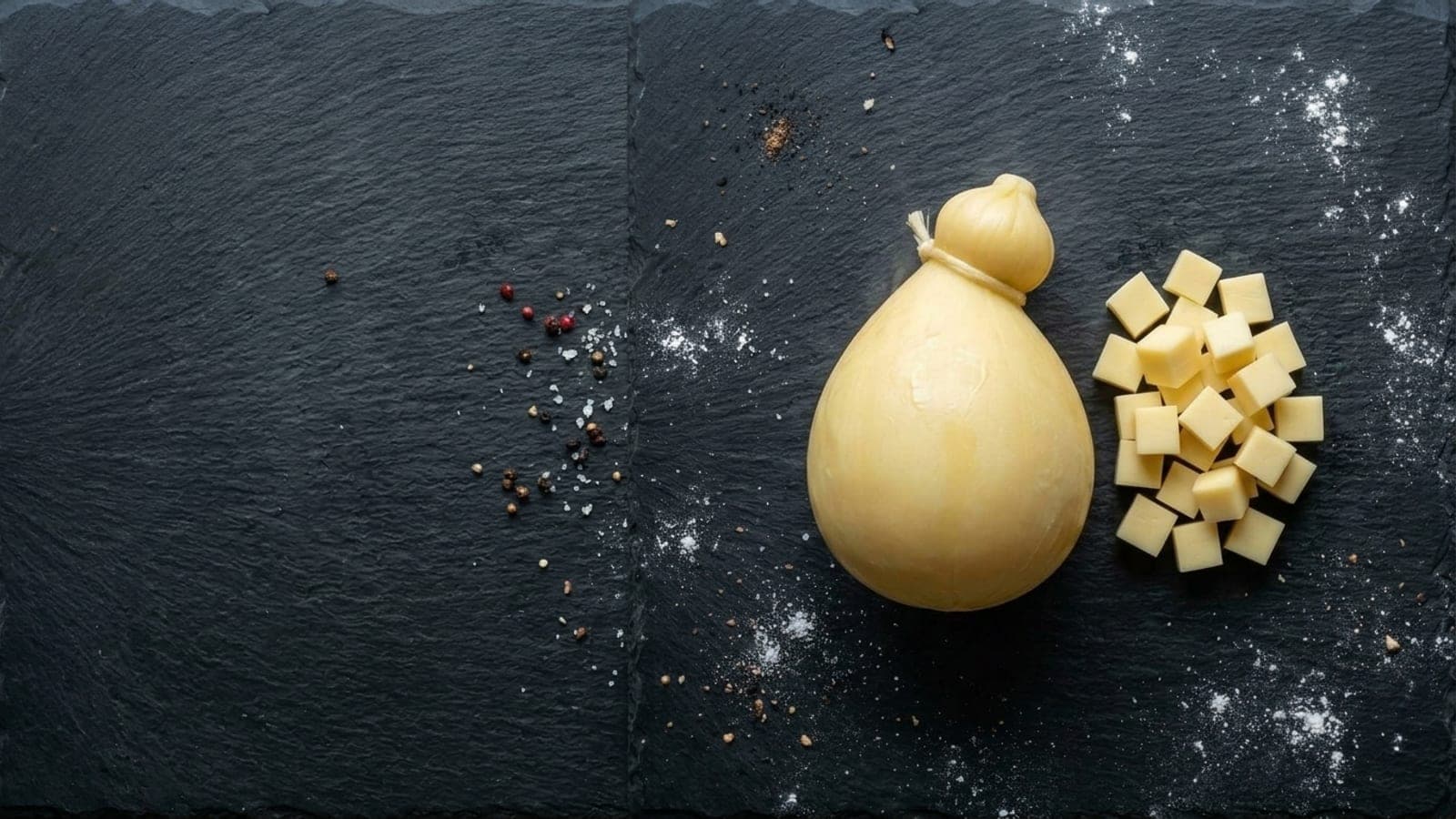 A teardrop-shaped caciocavallo cheese with small cubes cut from it on dark slate