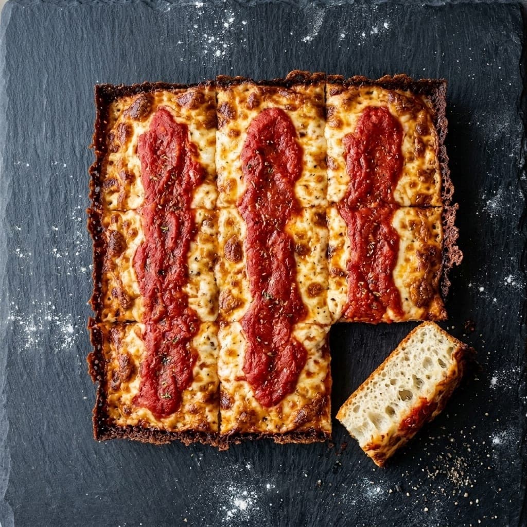 Detroit red-top pizza, overhead — brick cheese, pizza sauce
