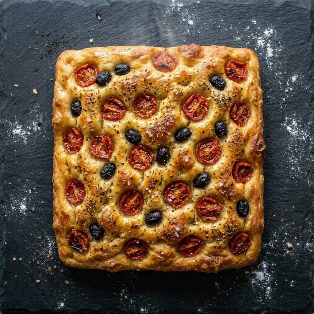 Focaccia barese pizza, overhead — cherry tomatoes, black olives, dried oregano, extra-virgin olive oil