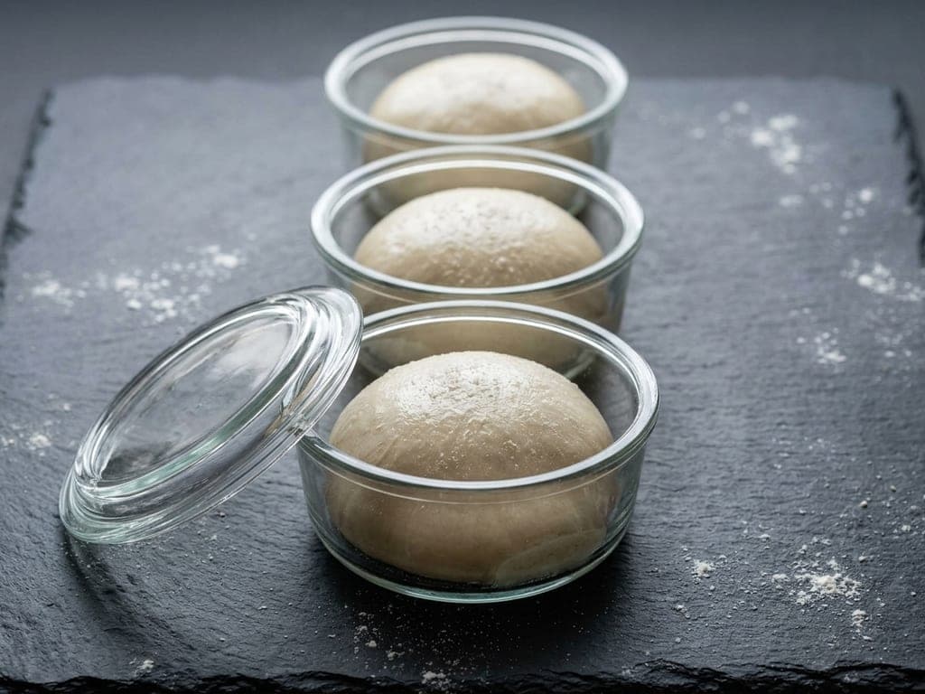 Three balled portions of pizza dough in small glass containers, ready for the freezer