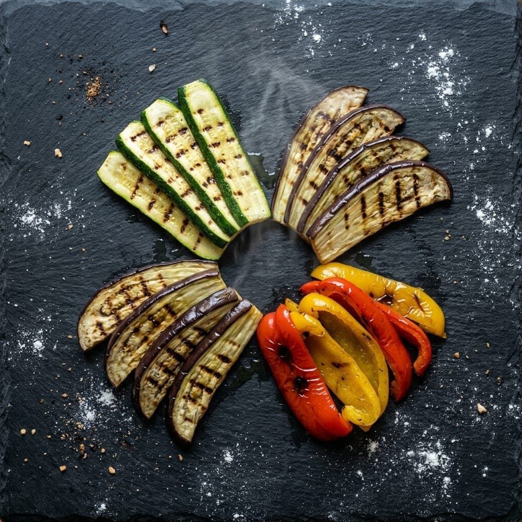 Grilled strips of zucchini, eggplant and red and yellow peppers with char marks, fanned out on dark slate
