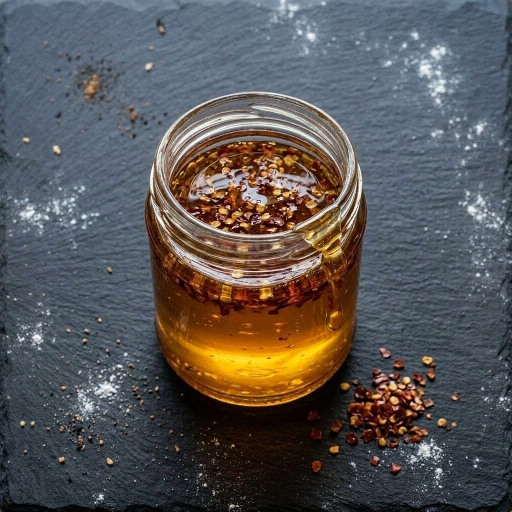 A small glass jar of hot honey, golden and glossy with chili flakes suspended in it, on dark slate