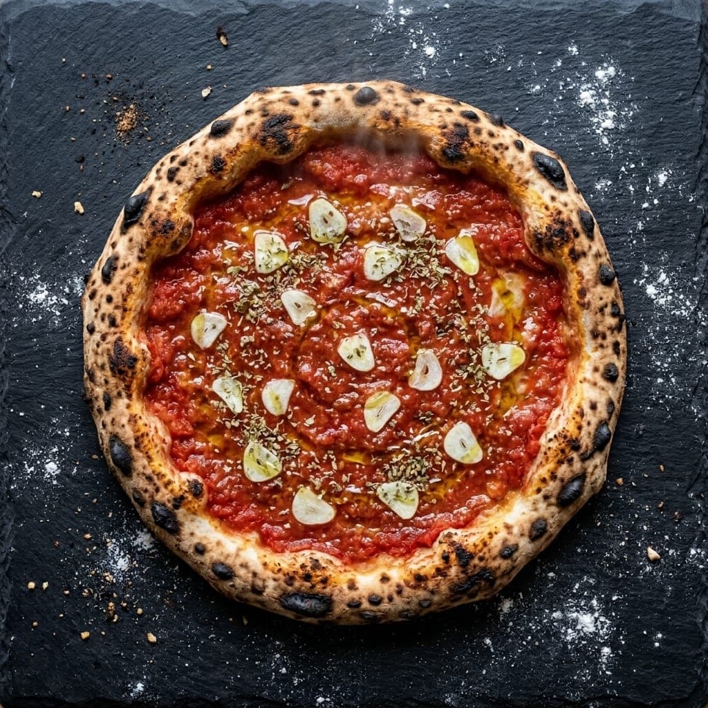 Marinara pizza, overhead — crushed tomatoes, garlic, dried oregano, extra-virgin olive oil