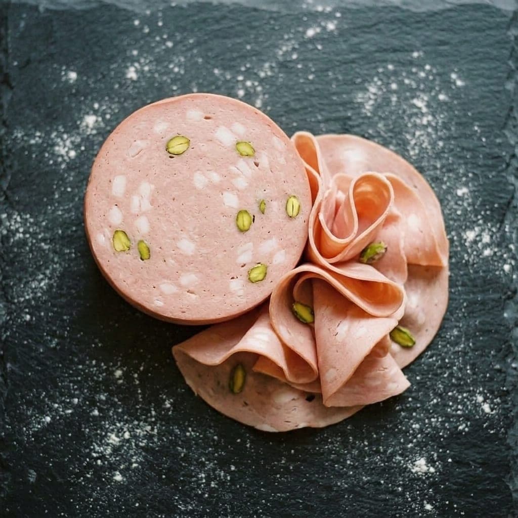 A thick round of pistachio-studded mortadella, partly sliced, with thin folded slices draped beside it on dark slate