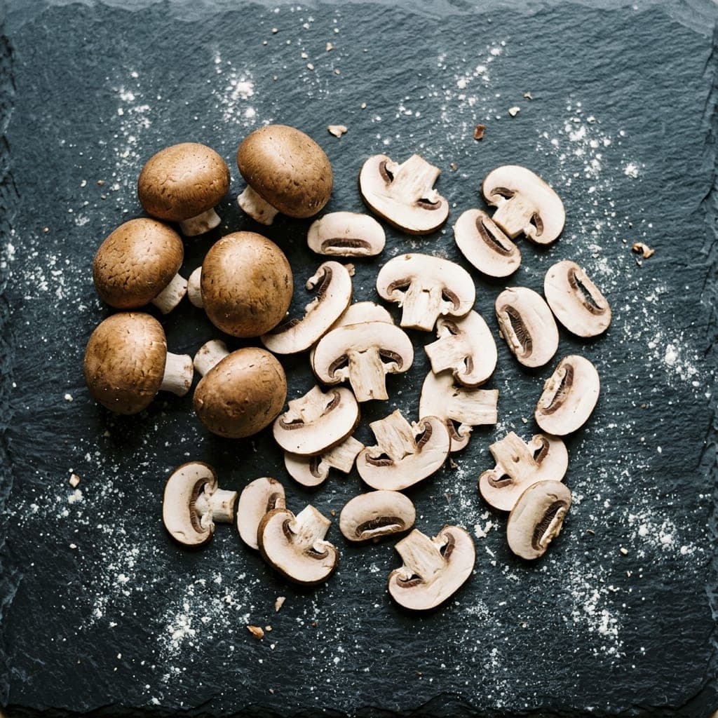 Whole cremini mushrooms with thin raw slices lying flat among them on dark slate