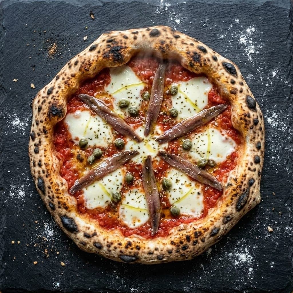 Napoli pizza, overhead — crushed tomatoes, fresh mozzarella, anchovy, capers, dried oregano, extra-virgin olive oil