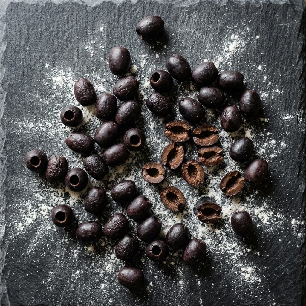 Pitted black olives, whole and halved, scattered on dark slate