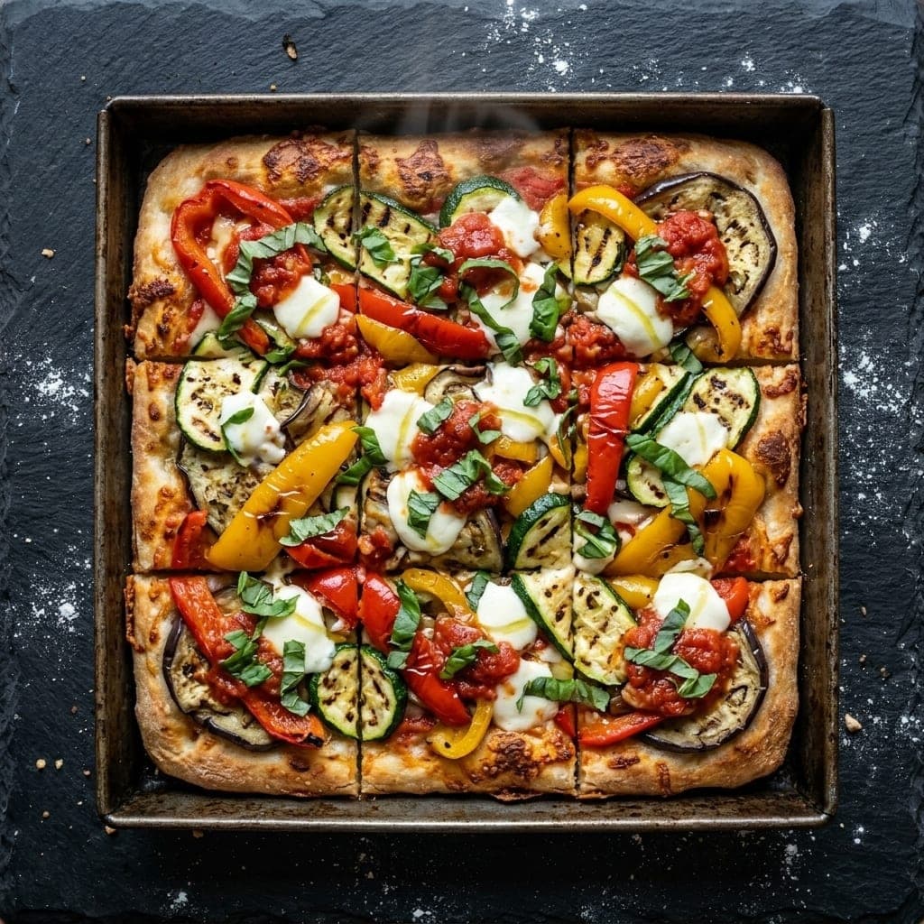 Ortolana pizza, overhead — crushed tomatoes, fresh mozzarella, zucchini, eggplant, bell peppers, extra-virgin olive oil