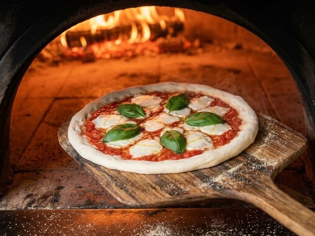 A raw, freshly topped pizza on a floured wooden peel being slid toward the glowing mouth of a wood-fired oven