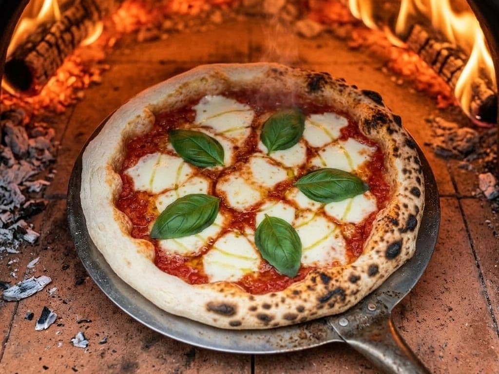 A Neapolitan pizza on a round metal turning peel inside a wood-fired oven, burning logs and flame along the back wall