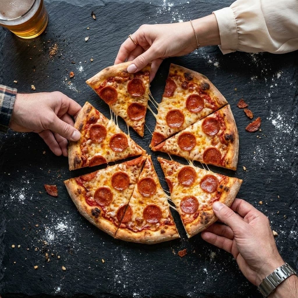 Three hands each taking a slice from an evenly cut pepperoni pizza on dark slate, cheese pulling from the gaps